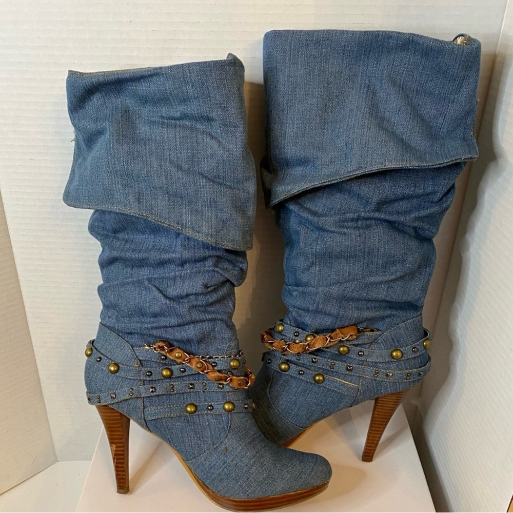 Denim Fold-Over High Heel Boots - Blue